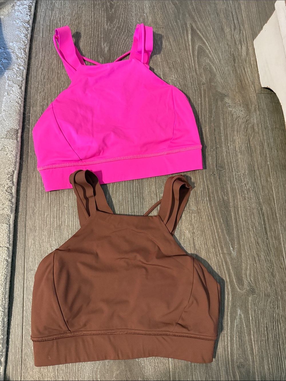 Lululemon High Neck Sports Bras in Hot Pink & Chocolate Brown